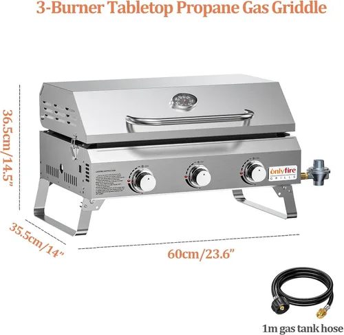 Miniatura 4 de ONLYFIRE GRILLS - Parrilla de mesa de gas con patas plegables, parrilla de gas propano portátil de 3 quemadores con tapa plana para cocinar al aire