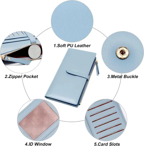 Miniatura 5 de ZRTARY Billeteras para mujer, delgada, plegable, con bolsillo para monedas, con cremallera, B-Azul A, Un bolsillo con cremallera