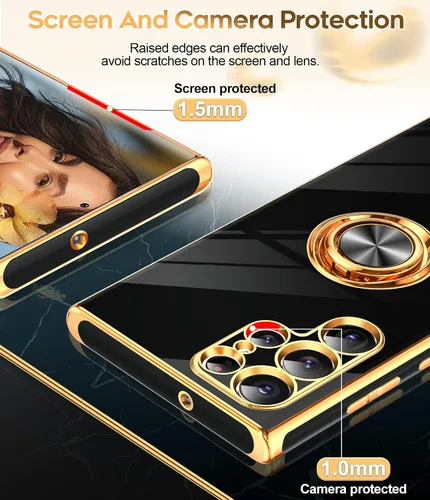 Miniatura 4 de LeYi Funda para Samsung Galaxy S22 Ultra con soporte de anillo giratorio de 360°, soporte magnético, chapado en oro rosa, borde protector para Negro