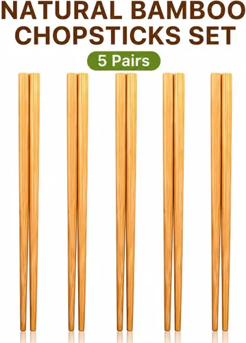 Miniatura 8 de Juego de palillos de madera de bambú chino natural de 9.5 pulgadas, reutilizables, estilo clásico, palillos de madera (5 pares)