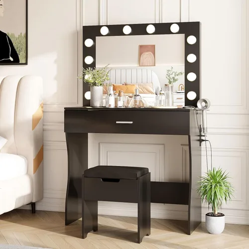 Miniatura 10 de Vabches Tocador de maquillaje con luces, Mesa tocador de maquillaje, Brillo ajustable, Cajón grande tocador resistente para dormitorio estudio