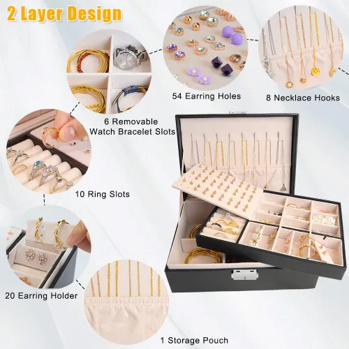 Miniatura 2 de MRMOSY Joyero para mujeres y niñas organizador de joyas estuche de almacenamiento de 2 capas de piel sintética con bandeja extraíble y cerradura