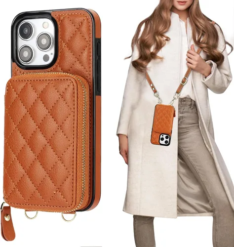 Miniatura 17 de Bocasal Funda tipo cartera cruzada para iPhone 15 Pro Max, con bloqueo RFID, de piel sintética, con cremallera, funda tipo cartera con función atril