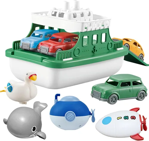Barco Ferry con 4 Coches y 4 Juguetes de Baño de Cuerda, Juguete de Baño para Niños Vehículo Flotante Ballenas Submarinos Cisnes Cohetes, Conjunto