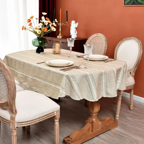 Miniatura 2 de Mantel rústico ovalado de lino de algodón bordado, mantel de primavera para cocina, comedor, fiesta, mantel para mesas ovaladas, 60 x 104 pulgadas