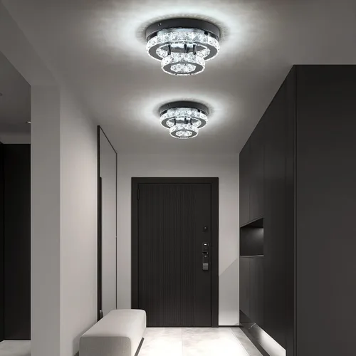 Miniatura 7 de Lámpara de araña de cristal moderna de 9.8 pulgadas con montaje empotrado al techo, mini lámpara de araña negra con iluminación LED para dormitorio