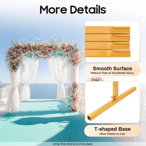 Miniatura 6 de Soporte de telón de fondo cuadrado de 6.5 x 4.9 pies, soporte de arco de globo dorado, soporte de arco de boda con bases de metal para jardín, arco