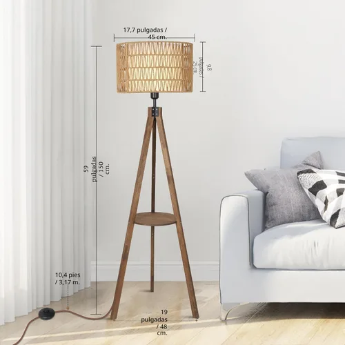 Miniatura 4 de LAMSU Lámparas de pie estilo bohemio con trípode para sala de estar, lámpara de pie de madera de ratán con pantallas de tela, lámpara de pie