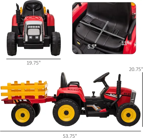 Miniatura 7 de Aosom Tractor de paseo de 12 V con remolque, motores duales de 25 W, tractor eléctrico a batería con control remoto, sonido de arranque de música