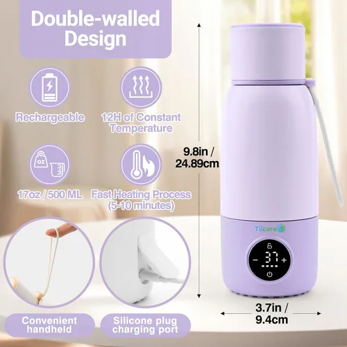Miniatura 5 de Portable Bottle Warmer for Travel - 17oz 12H Baby Bottle Milk Warmer, Fast Heat Travel Bottle Warmer for Breastmilk, USB Calentador De Biberones on