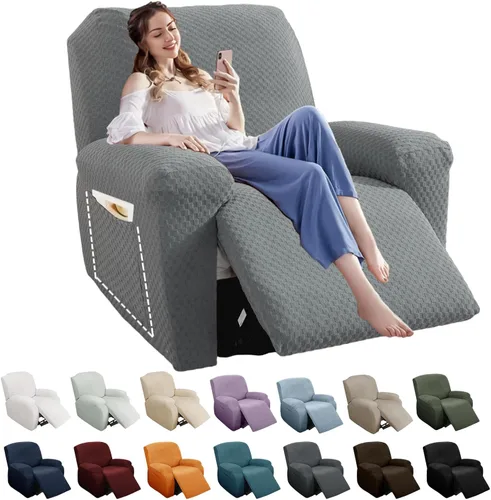 Miniatura 20 de YEMYHOM Funda elástica de 4 piezas para silla reclinable de jacquard con bolsillo lateral, antideslizante, ajustable, protector de muebles con parte