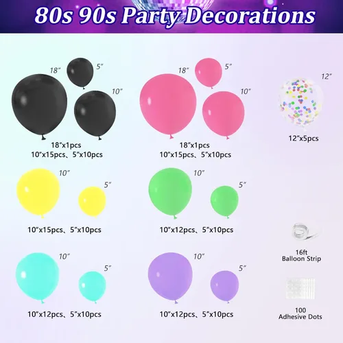 Miniatura 2 de JOGAMS Decoraciones de fiesta de los 80 y 90 165 piezas Globos con guitarra inflable retro, micrófono, anteojos, nota musical, globos de bola