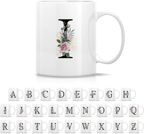 Miniatura 11 de Retreez Ramo botánico floral inicial A-Z con monograma, taza con monograma de cerámica de 11 onzas, regalo de agradecimiento de agradecimiento