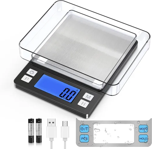 BOMATA Báscula de cocina digital mejorada, 0.1 g/0.001 oz de alta precisión, 3000 g/6.6 lb, con nueva función de retención y pantalla más grande,