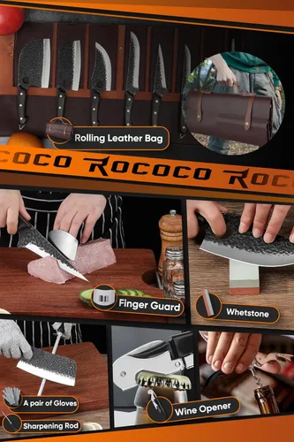 Miniatura 6 de ROCOCO Juego de 13 Cuchillos de Carnicero para Corte de Carne Cuchillo de Chef Serbio Cuchillo de Deshuesado Vikingo con Bolsa Enrollable