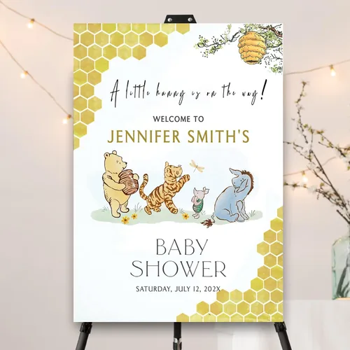 Miniatura 10 de Letrero personalizado para baby shower de oso Pooh, diseño clásico de vegetación personalizada, letrero de bienvenida para patio de baby shower