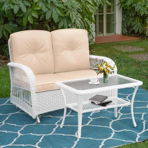 Miniatura 50 de MEETWARM Juego de 3 piezas de mimbre giratorio para patio al aire libre, mecedoras, juegos de muebles de patio de ratán con cojín grueso y mesa