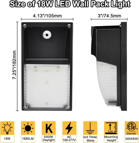 Miniatura 5 de HiBay Paquete de 2 luces LED de pared de 18 W, 5000 K 1980 LM eqv. 60-100 W HPS/HID, lámparas de exterior IP65 para porche, patio, casa, 100-277