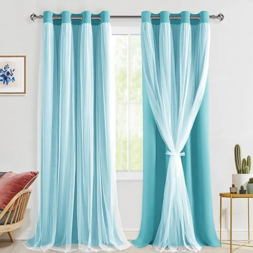 Miniatura 53 de Hiasan Cortinas opacas con superposición transparente, aislamiento térmico para mezclar y combinar de doble capa, cortinas de oscurecimiento de Beige