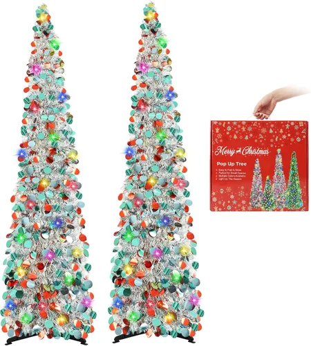 Miniatura 11 de MACTING Árbol de Navidad desplegable con 50 luces LED con temporizador, 5 pies, árbol de lápiz de oropel plegable de fácil montaje, árbol artificial
