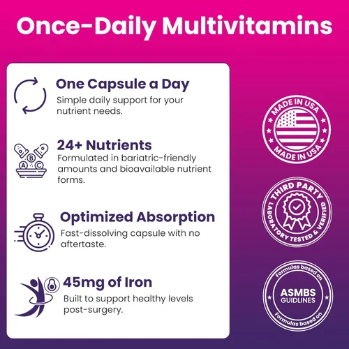 Miniatura 3 de ProCare Health Multivitamínico bariátrico con hierro (30 cápsulas) 45 mg de hierro con vitamina B12 reducida, vitaminas bariátricas postoperatorias