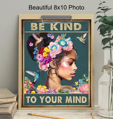 Miniatura 4 de Arte de pared de mujeres afroamericanas negras – Chica negra – Be Kind to Your Mind - Citas inspiradoras - Colibríes Salud mental Póster de arte