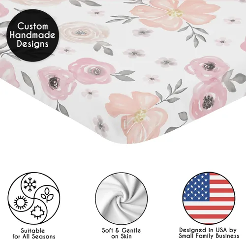 Miniatura 2 de Sweet Jojo Designs Mini sábana de cuna portátil para niña, color rosa y gris, colección floral de acuarela, para mini cuna o paquete y juego solo