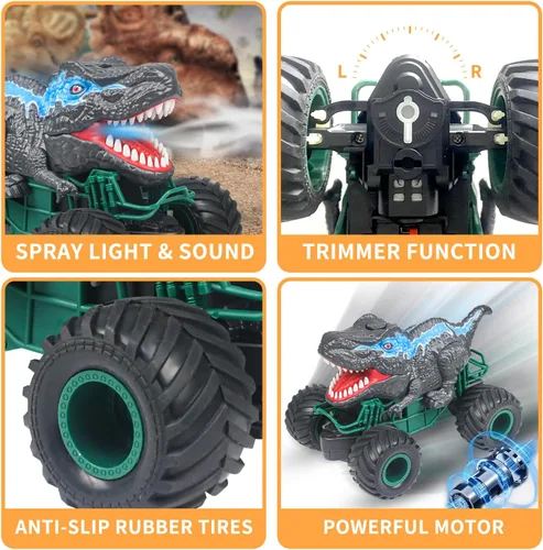 Miniatura 6 de Coche de control remoto de dinosaurio, juguetes de camión monstruo mega RC de 2.4GHz para niños pequeños, juguetes de dinosaurio con luz, sonido