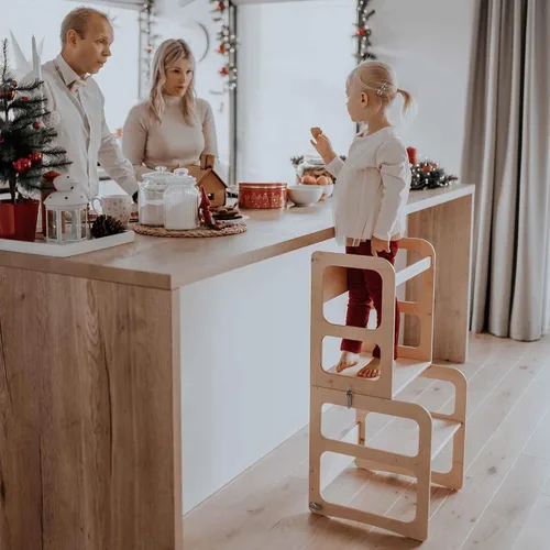 Miniatura 4 de Torre de cocina Montessori y taburete de observación para niños, mesa y silla plegable, torre de observación de cocina (color lacado/madera)
