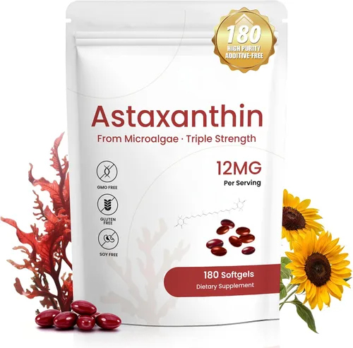Suplemento de astaxantina de 12 mg, 180 cápsulas blandas, suministro para 6 meses | Antioxidante natural de microalgas frescas para la salud de los