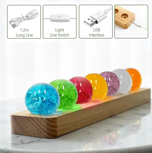 Miniatura 3 de L LOHAS LED 7 Colores 40mm Bolas de Cristal de Hielo Con Crac Bolas de Chakra de Cristal con Base de Madera LED Bolas de Esfera de Sanación