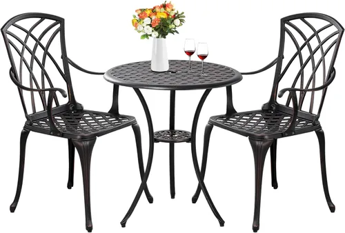 Miniatura 14 de Juego de mesa y sillas de patio para exteriores de 3 piezas, para todo tipo de clima, juegos de bistró de aluminio fundido con agujero