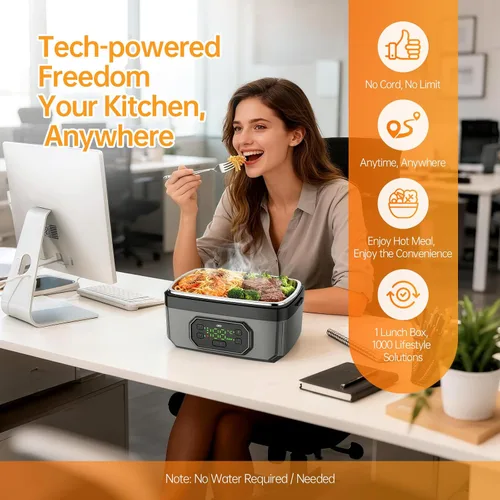 Miniatura 2 de Lonchera eléctrica inalámbrica recargable de 24000 mAh para adultos, calentador de alimentos de 1.6 L con temporizador y a prueba de fugas