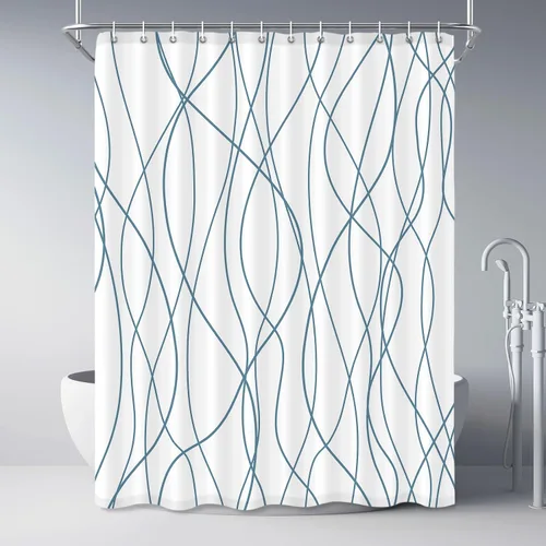 Miniatura 67 de Juego de cortinas de ducha azul egeo para baño con ganchos, cortinas de baño decorativas repelentes al agua y lavables con rayas blancas, 72 x 72