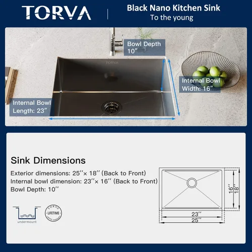 Miniatura 3 de TORVA - Fregadero de cocina de montaje bajo con revestimiento cerámico negro brillante de 25 x 18 pulgadas con NanoTek, fregadero de acero