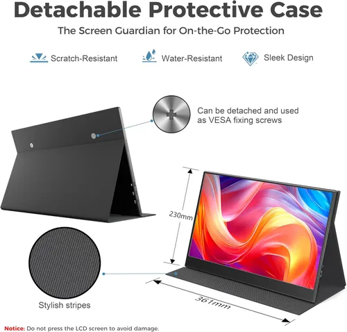 Miniatura 6 de UFYQL Monitor portátil para computadoras portátiles, pantalla IPS FHD 1080P de 15.6 pulgadas, altavoces integrados, USB-C/HDMI, incluye funda