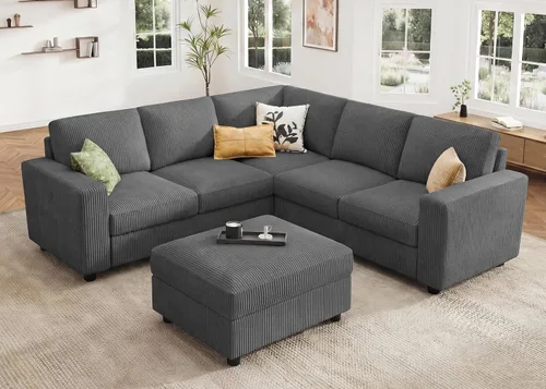 Miniatura 16 de HONBAY Sofá modular de pana con almacenamiento en forma de L para sala de estar, sofá seccional de 6 plazas, color beige