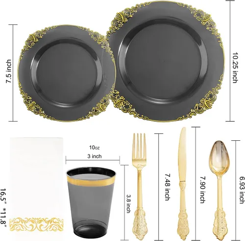 Miniatura 7 de Nervure 175 platos de plástico negro transparente, juego de vajilla de plástico dorado para 25 invitados, incluye 50 platos desechables, 75