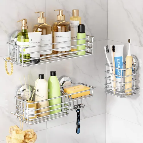 Miniatura 8 de LEVERLOC Cesta de ducha con ventosa, cesta de ducha con ganchos y jabonera para baño, organizador de ducha para baño sin necesidad de taladrar