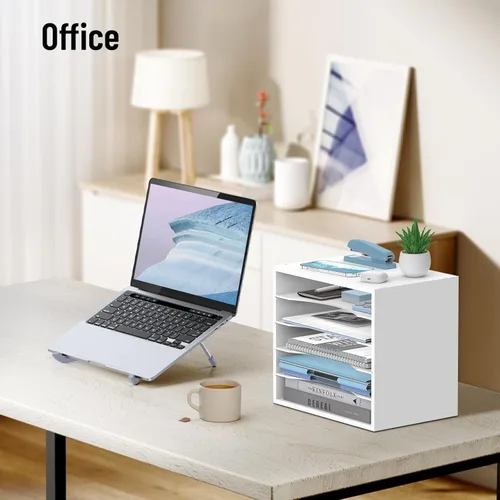 Miniatura 9 de Organizador de escritorio de madera de 5 niveles, organizador de bandeja de papel para escritorio con estantes de almacenamiento ajustables, Blanco