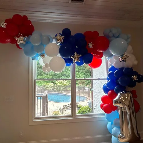 Miniatura 4 de Kit de arco de globos rojos, blancos y azules, globos de látex azul marino perla azul claro, rojo y blanco, guirnalda de globos de cumpleaños azul