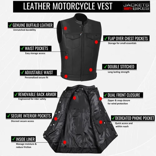 Miniatura 7 de SOA - Chaleco de motocicleta para hombre, piel de búfalo de alta calidad, armadura trasera, bolsillos interiores, chalecos de club de motociclista