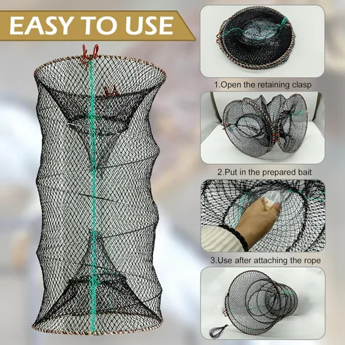 Miniatura 6 de Trampa plegada para cangrejos de 23.6 x 11.8 pulgadas, trampa de cebo de pesca gruesa con cuerda de mano, trampa de red de pesca de langosta