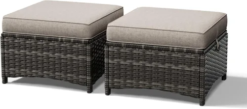 Miniatura 11 de Joyside Juego de 2 otomanas para exteriores, reposapiés otomano grande para patio con cojines gruesos, taburete de mimbre para exteriores para Azul