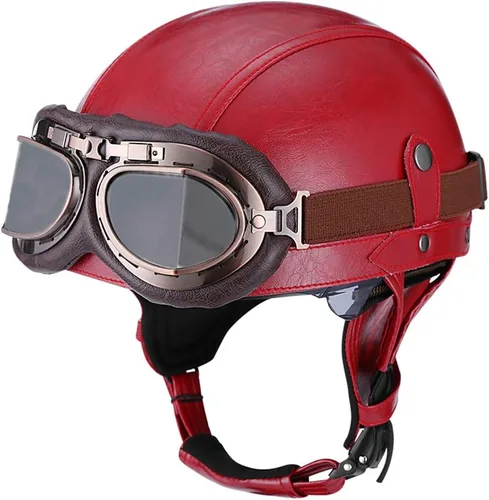 Medio casco vintage de cuero para motocicleta para hombres y mujeres adultos, para scooter, bicicleta, crucero, con gafas y lente solar desplegable