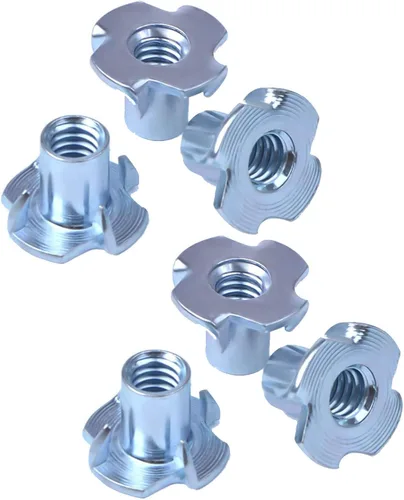 Tuercas T de 1/4 pulgadas - 20, 100 tuercas ciegas de acero chapado en zinc de 4 puntas para madera, soportes de escalada en roca, gabinetes, muebles