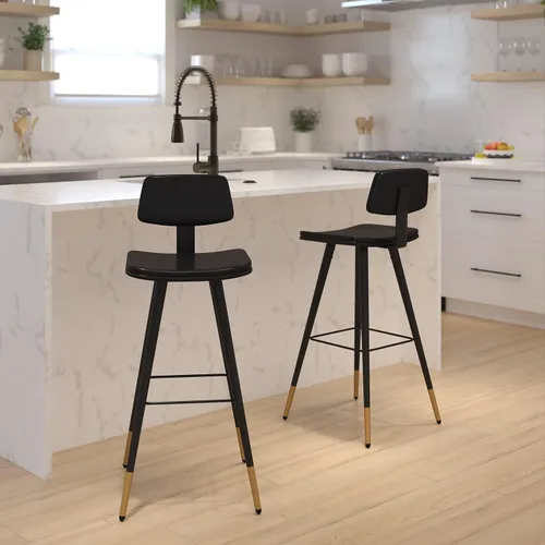 Miniatura 2 de Flash Furniture Kora Taburetes de bar de respaldo bajo de grado comercial, tapicería LeatherSoft negra, marco de hierro negro, reposapiés integrado
