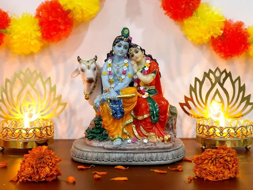 Miniatura 3 de BangBangDa Estatua hindú Murti Radha Krishna – 6.6 pulgadas de alto Polystone Dios indio Radha Krishna ídolo con vaca para cumpleaños, Diwali