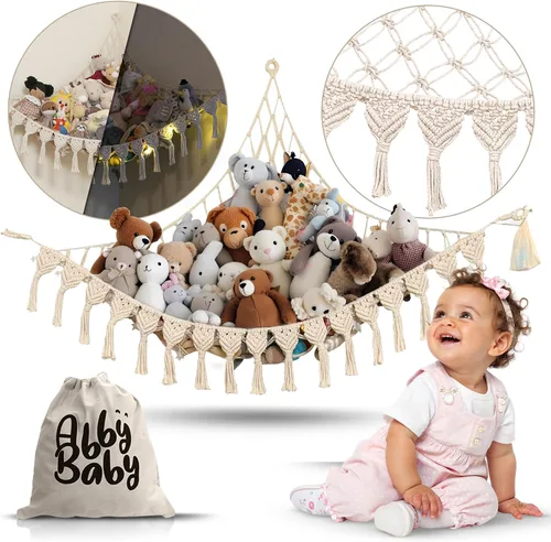 Miniatura 4 de ABBY BABY Hamaca de almacenamiento para animales de peluche extra grande con luces LED en la esquina – Red colgante para juguetes con capacidad
