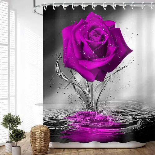 Miniatura 19 de JAWO Cortina de ducha con diseño de rosas, románticas flores y rosas rojas reflejadas en el agua, cortina de baño de tela, cortina de baño negra
